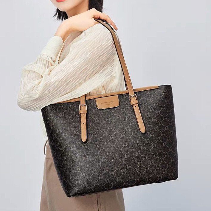 Cute Brown, Khaki & Off-White Contrast Color Minimalist Monogram Luxury PVC Leather Large Capacity Women’s Handbag, Shoulder Bag, Tote Bag
