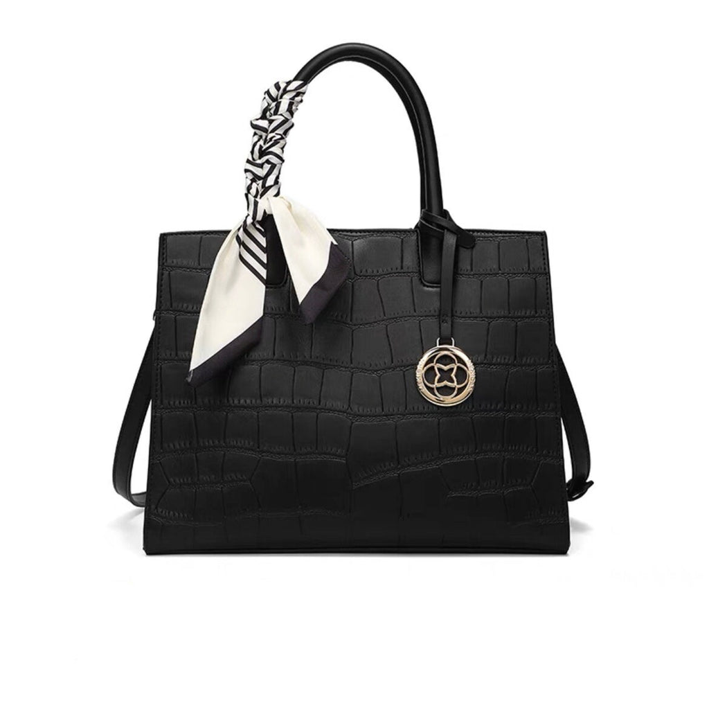 Cute Black, Apricot & Milky White Minimalist Luxury Vegan Leather Alligator Skin Silk Scarf Large Capacity Handbag for Women, Crossbody Bag