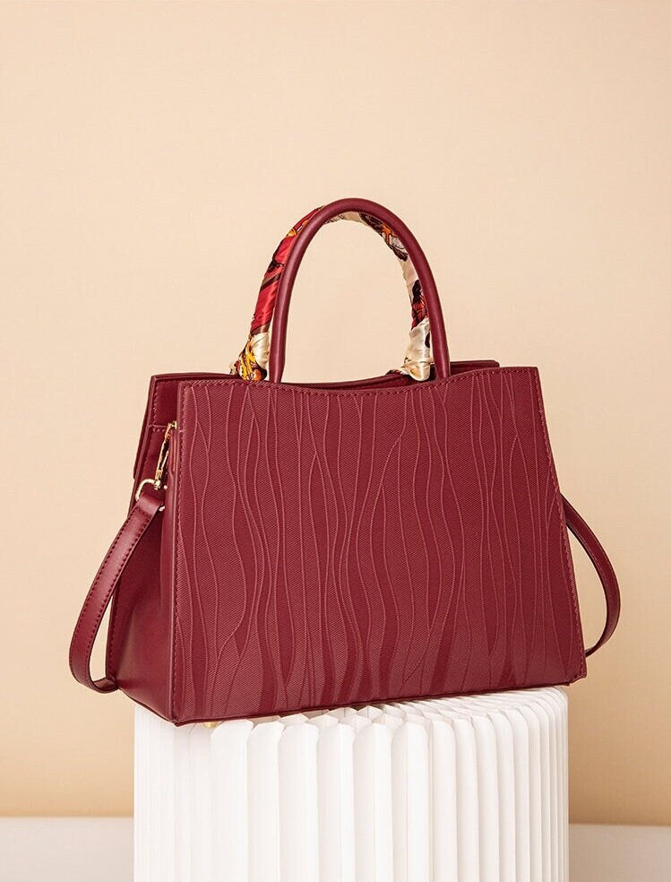 Cute Red Minimalist Geometric Pattern Swirl Design Alligator Skin Luxury Genuine Leather Handbag for Women + Silk Scarf Decor, Shoulder Bag