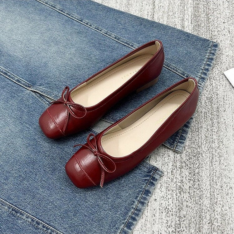 Women Cute Mary Jane Shoes, Vintage Heels Shoes, Ballerina Retro Square Toe Flats Heels, Ballet Slip Ons Red Apricot Black Shoes