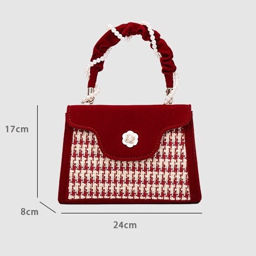 Cute Red & White Minimalist Simple Slick Houndstooth Luxury Handheld Wraparound Pearls Strap Handle Velvet Handbag for Women, Shoulder Bag