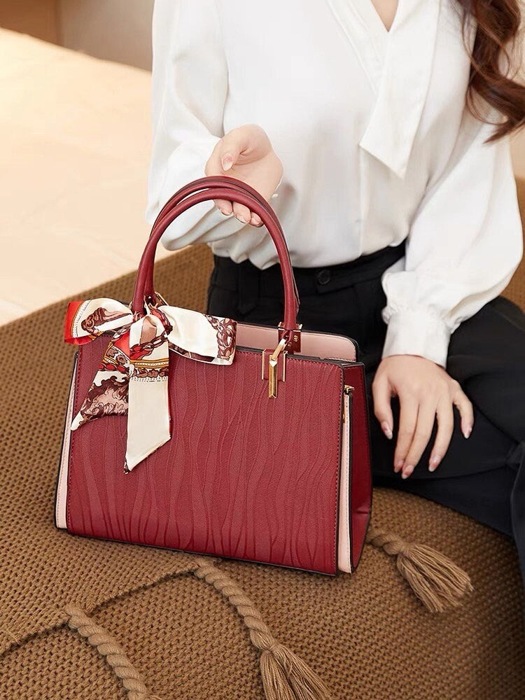 Cute Red Minimalist Geometric Swirl Pattern Design Luxury Genuine Leather Handheld Handbag for Women + Satin Scarf Decor, Shoulder Bag
