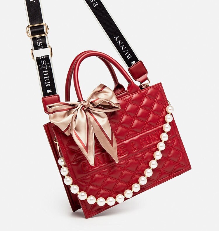 Cute Red Minimalist Geometric Pattern Rhombus Luxury Genuine Leather Pearl Strap Decor Handheld Handbag for Women + Satin Scarf Decor