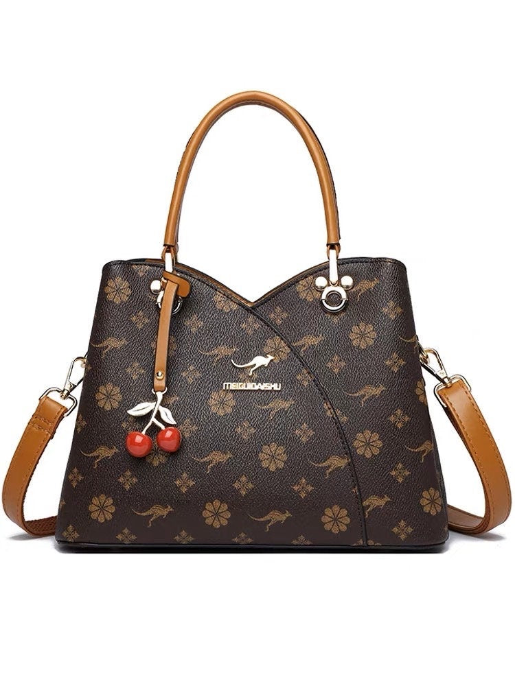 Cute Brown Contrast Color Minimalist Monogram Luxury Cow Leather Handheld Handbag for Women, Shoulder Bag, Crossbody Bag + Cherry Clip