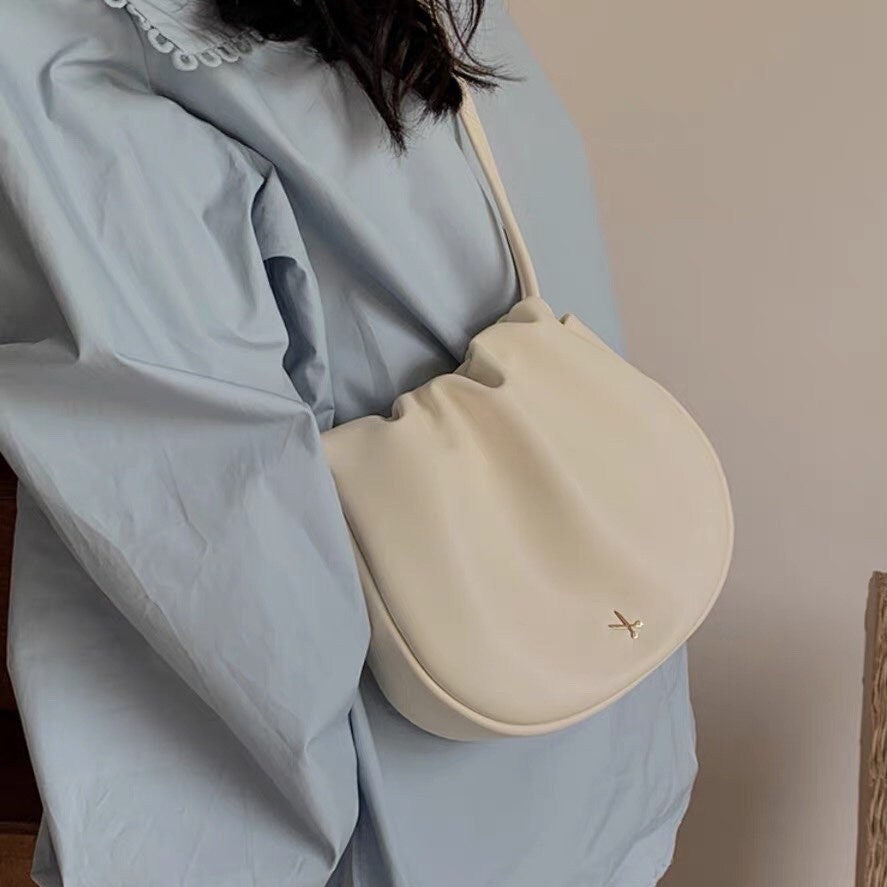 Cute Crossbody Sling Bag, Creamy Vegan Leather Shoukder Bag for Women, Pleated Opening Pouch Bag, Elegant Small Purse, Mininalist Handbag