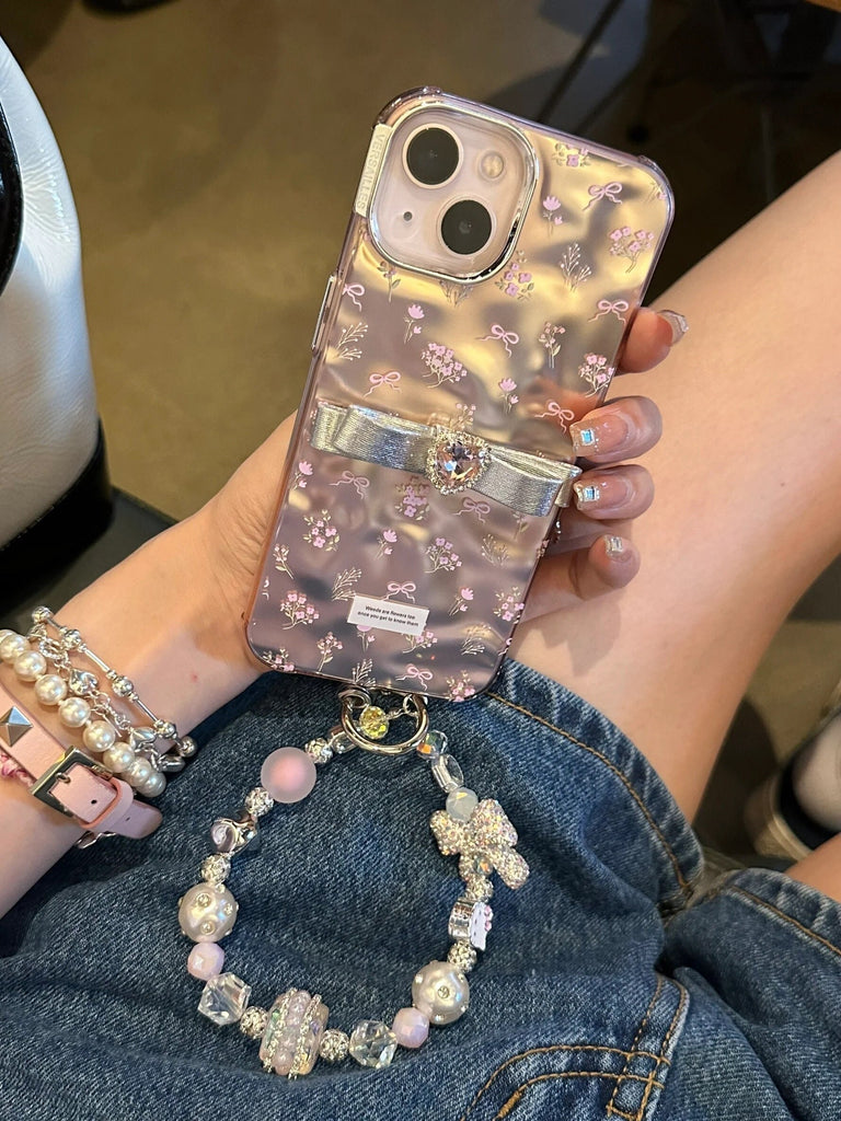 Cute Electroplated Light Pink Floral Ribbon Print Design + Bling Chain Hand Strap Protective iPhone Case for iPhone 11 12 13 14 15 Pro Max