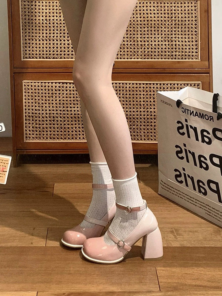 Cute Gradient Ombre Pink White Patent Leather High Heels for Women, Mary Jane Pumps, Kawaii Buckle Heels, Black Grey Shoes Size 35 to 39