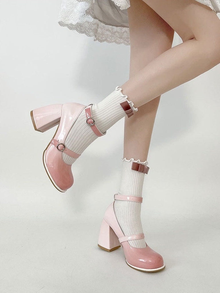 Cute Gradient Ombre Pink White Patent Leather High Heels for Women, Mary Jane Pumps, Kawaii Buckle Heels, Black Grey Shoes Size 35 to 39