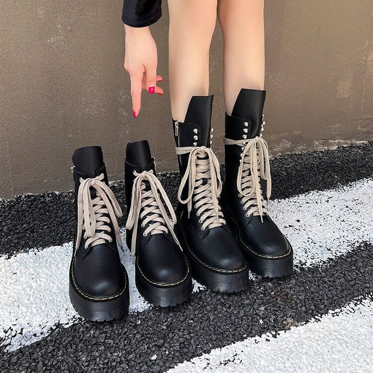 Black Leather Front Tie Lace Up Boots, Round Head Ankle Boots for Women, Black Platform Leather Boots, Thick Sole Round Toe Boots