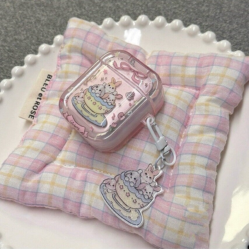Cute Clear Pink Teacup Rabbit Cartoon Protective Cover AirPods Case + Bead Strap for AirPods 1 2 3 Pro 2 Generation Shockproof AirPods Case
