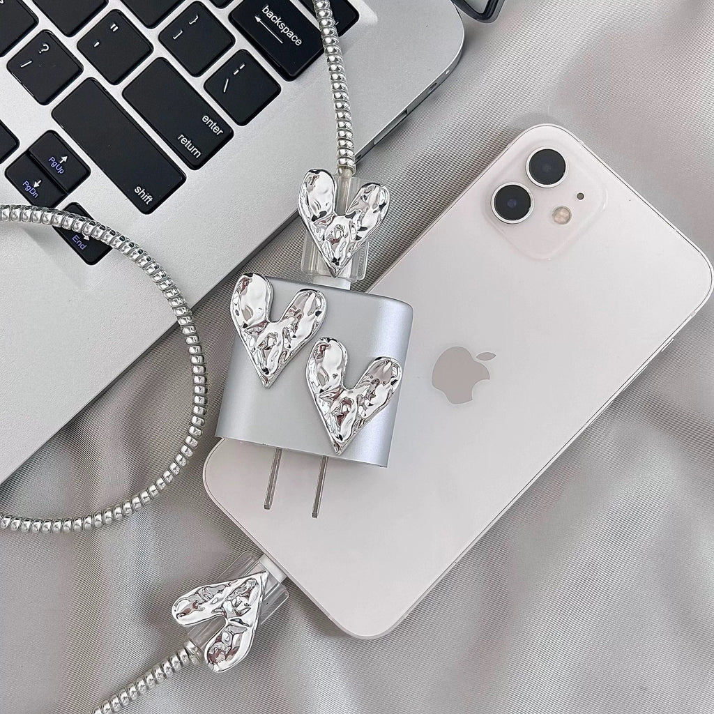 Cute Metallic Grey Silver Electroplated Hearts Protective Shockproof Anti-Break iPhone Charger Case + Cable Wire Cover for Charger Longevity