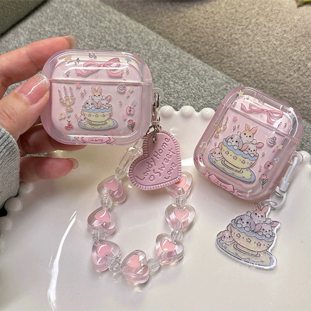 Cute Clear Pink Teacup Rabbit Cartoon Protective Cover AirPods Case + Bead Strap for AirPods 1 2 3 Pro 2 Generation Shockproof AirPods Case