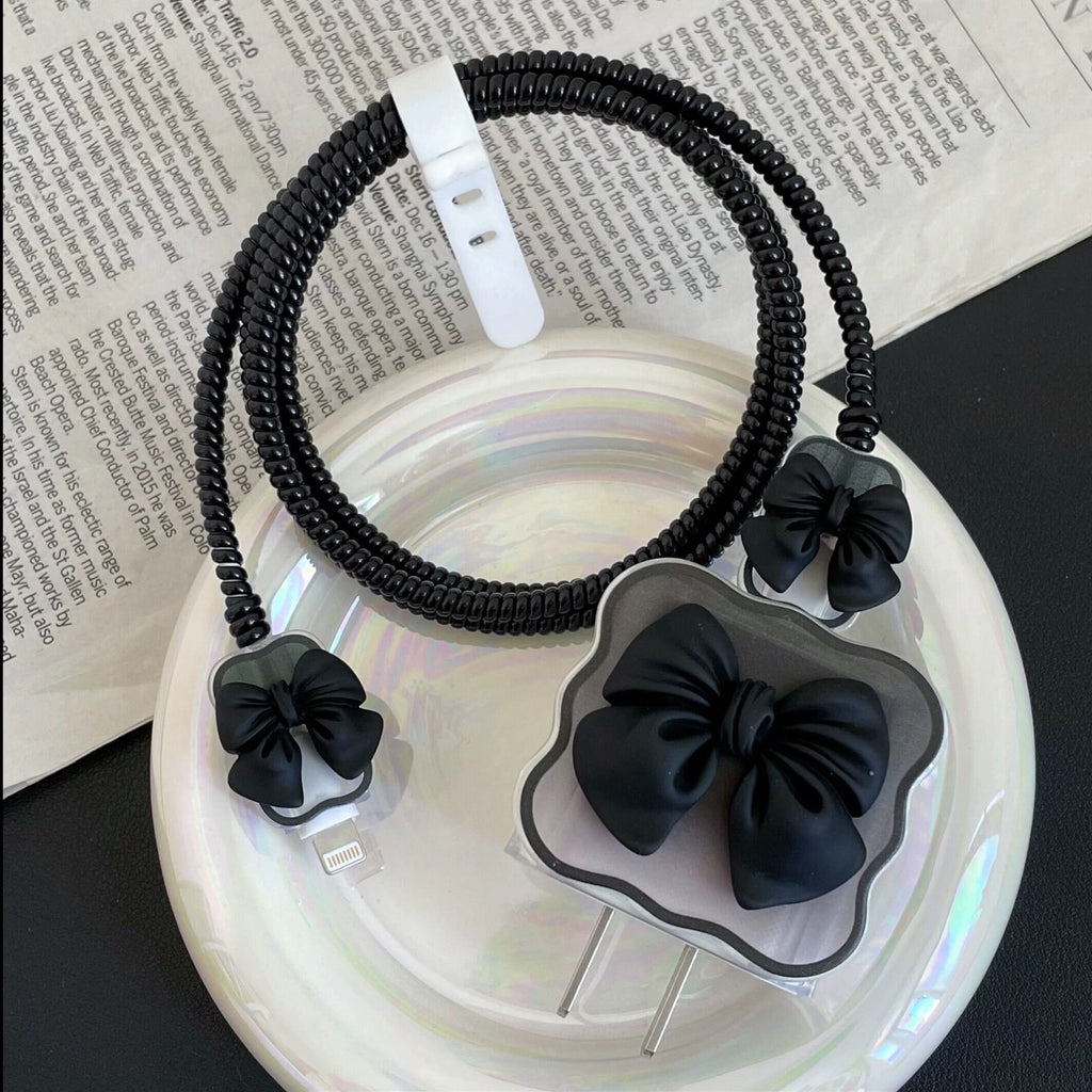 Cute Clear Solid Ribbon Shaped Decor Design Protective Shockproof iPhone Charger Case + Holographic Cable Wire Cover for Charger Longevity