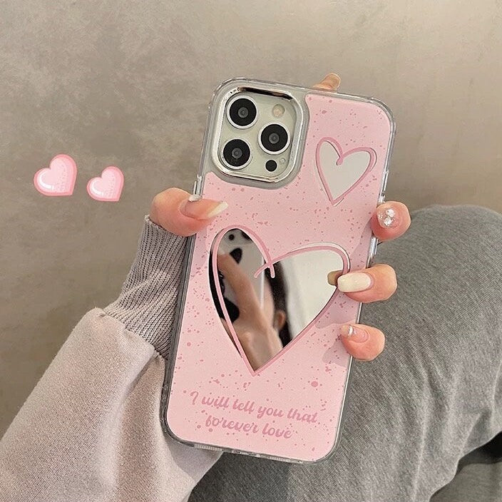 Cute Pink Paint Splatter Heart Shaped Electroplated Silver Design + Crossbody Strap Protective Phone Case for iPhone 11 12 13 14 Pro Max