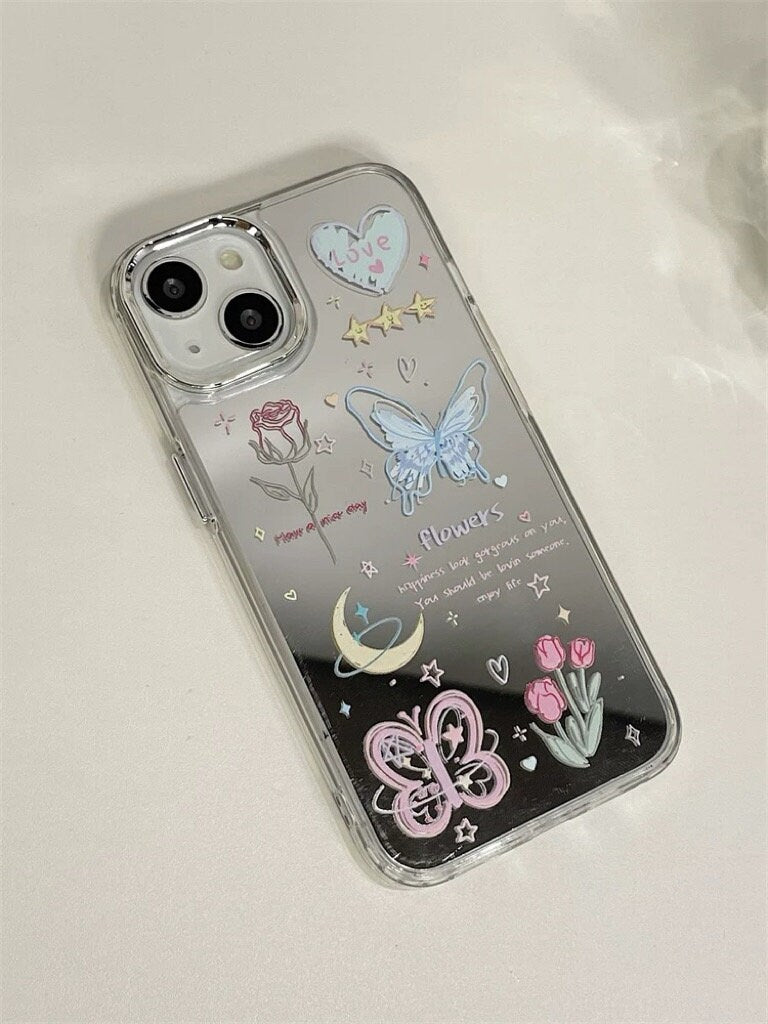Cute Electroplated Silver Butterfly Heart Doodles Design Protective Shockproof iPhone Case with Pop Up Stand for iPhone 11 12 13 14 Pro Max