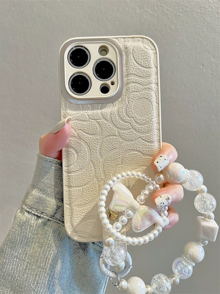 Cute Minimalist White Floral Flowers Pattern Design Protective Shockproof Phone Case + White Pearl Strap for iPhone 11 12 13 14 15 Pro Max