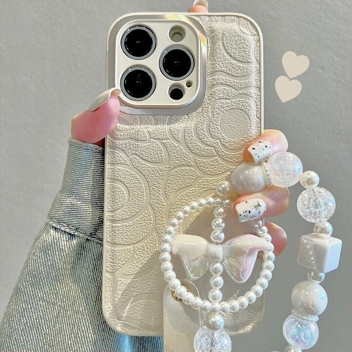 Cute Minimalist White Floral Flowers Pattern Design Protective Shockproof Phone Case + White Pearl Strap for iPhone 11 12 13 14 15 Pro Max