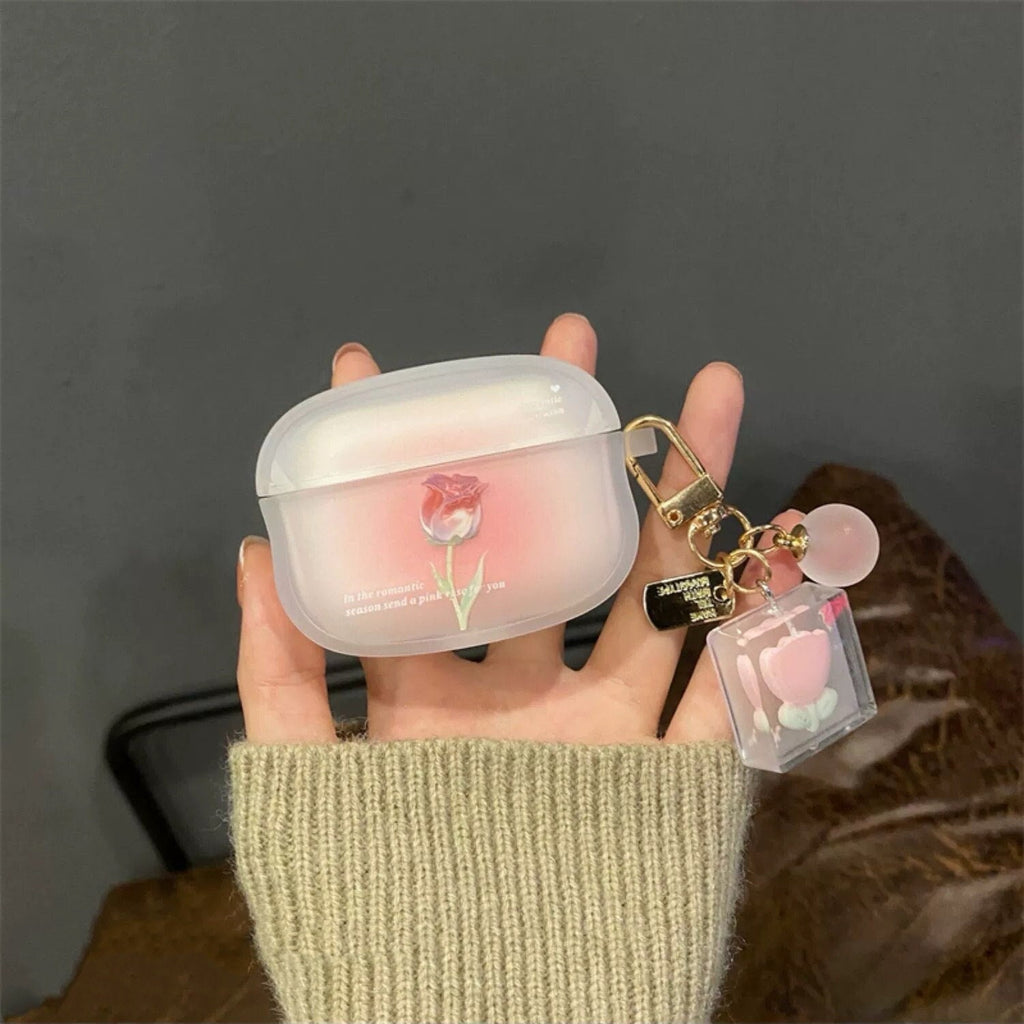 Cute Clear Gradient Pink Tulip Flower Print Protective Shockproof Cover AirPods Case + Carabiner Trinket for AirPods 1 2 3 Pro 2 Generation