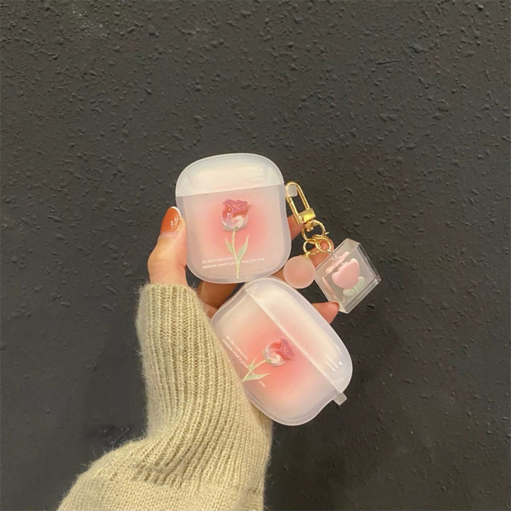 Cute Clear Gradient Pink Tulip Flower Print Protective Shockproof Cover AirPods Case + Carabiner Trinket for AirPods 1 2 3 Pro 2 Generation
