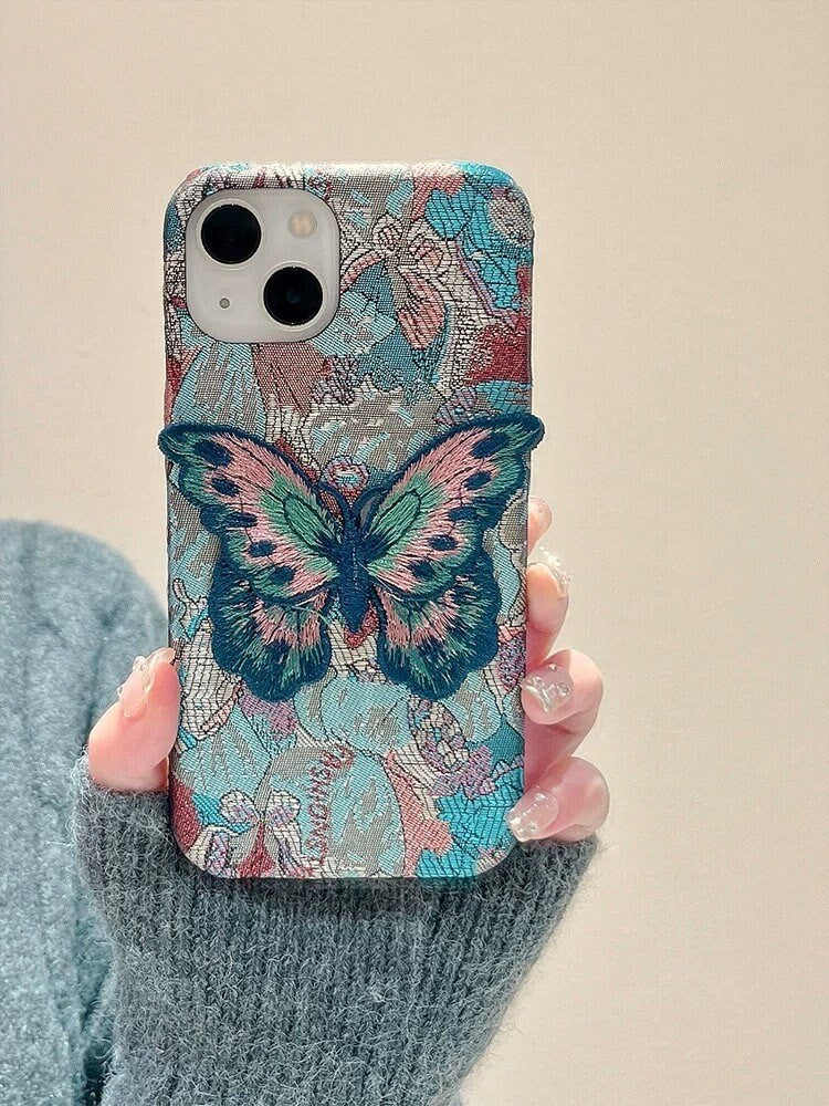 Cute Blue Jacquard Embroidery Design Protective Shockproof Phone Case with a Blue Butterly Cloth Patch for iPhone 11 12 13 14 15 Pro Max