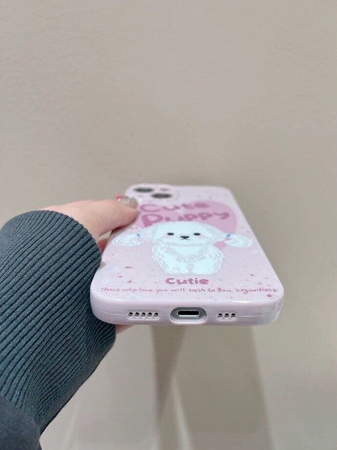 Pastel Color Pink Painting Flower White Cute Puppy Protective Shockproof Phone Case with Foldable Stand for iPhone 11 12 13 14 15 Pro Max