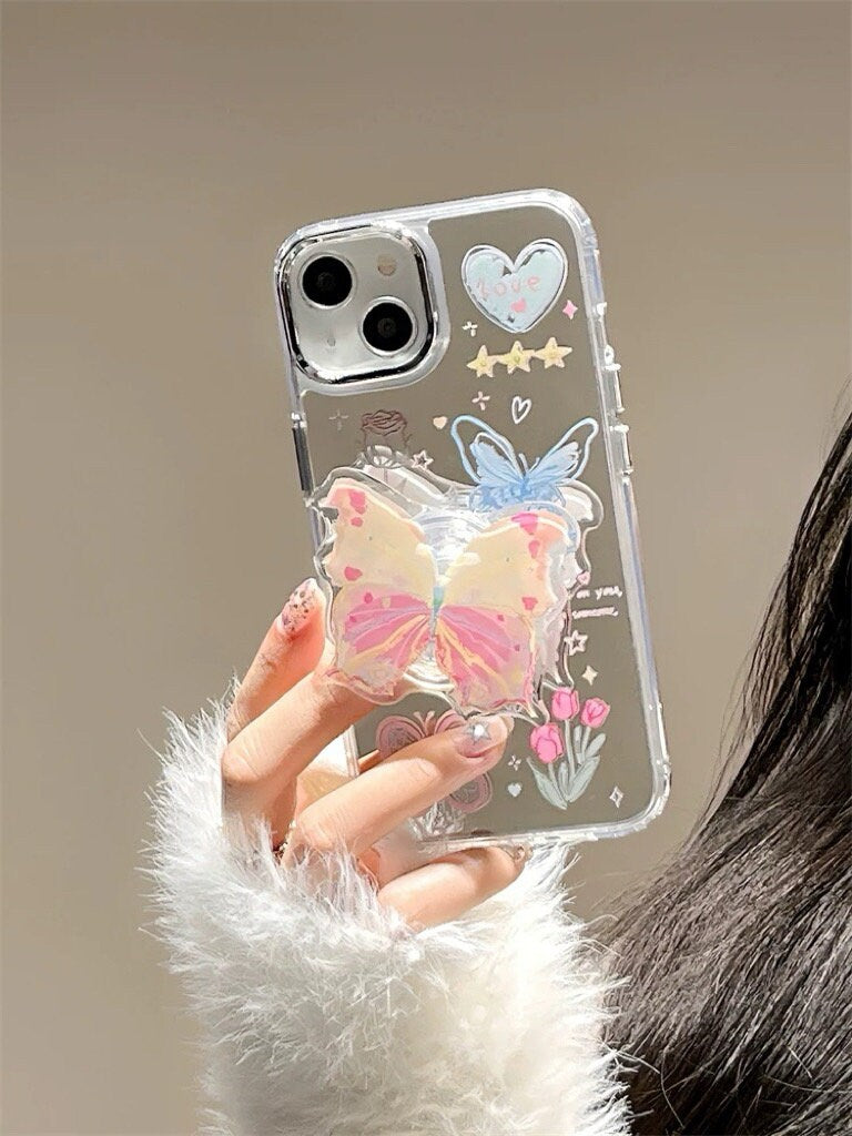 Cute Electroplated Silver Butterfly Heart Doodles Design Protective Shockproof iPhone Case with Pop Up Stand for iPhone 11 12 13 14 Pro Max