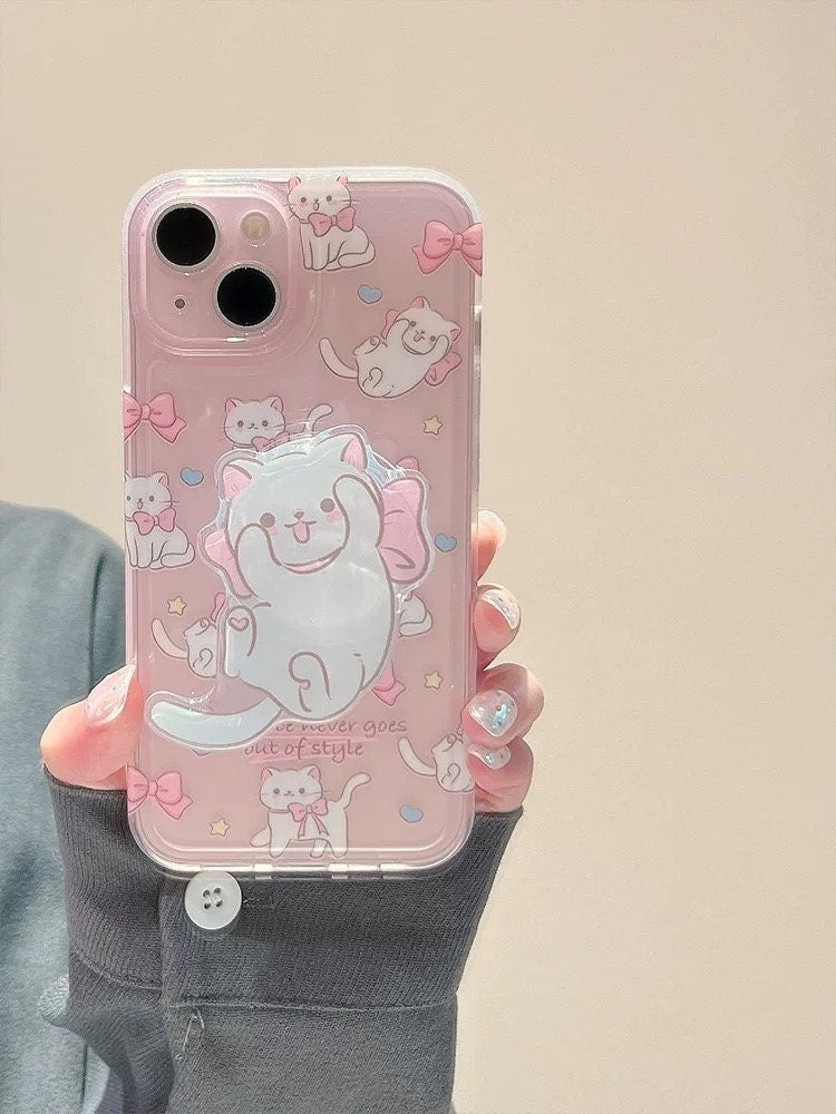 Cute Clear Pink Cute Kitty Print Design + White Cat Pop Up Stand Protective Shockproof Phone Case for iPhone 11 12 13 14 15 Pro Max Case