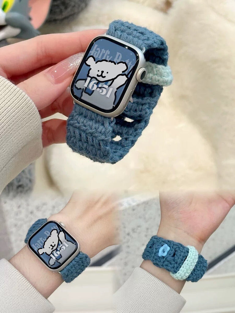 Cute Knitted Yarn Button Strap iWatch Band Series 12 3 4 5 6 7 8 9 Ultra Generation 38mm 40mm 41mm 42mm 44mm 45mm 49mm for Apple Watch
