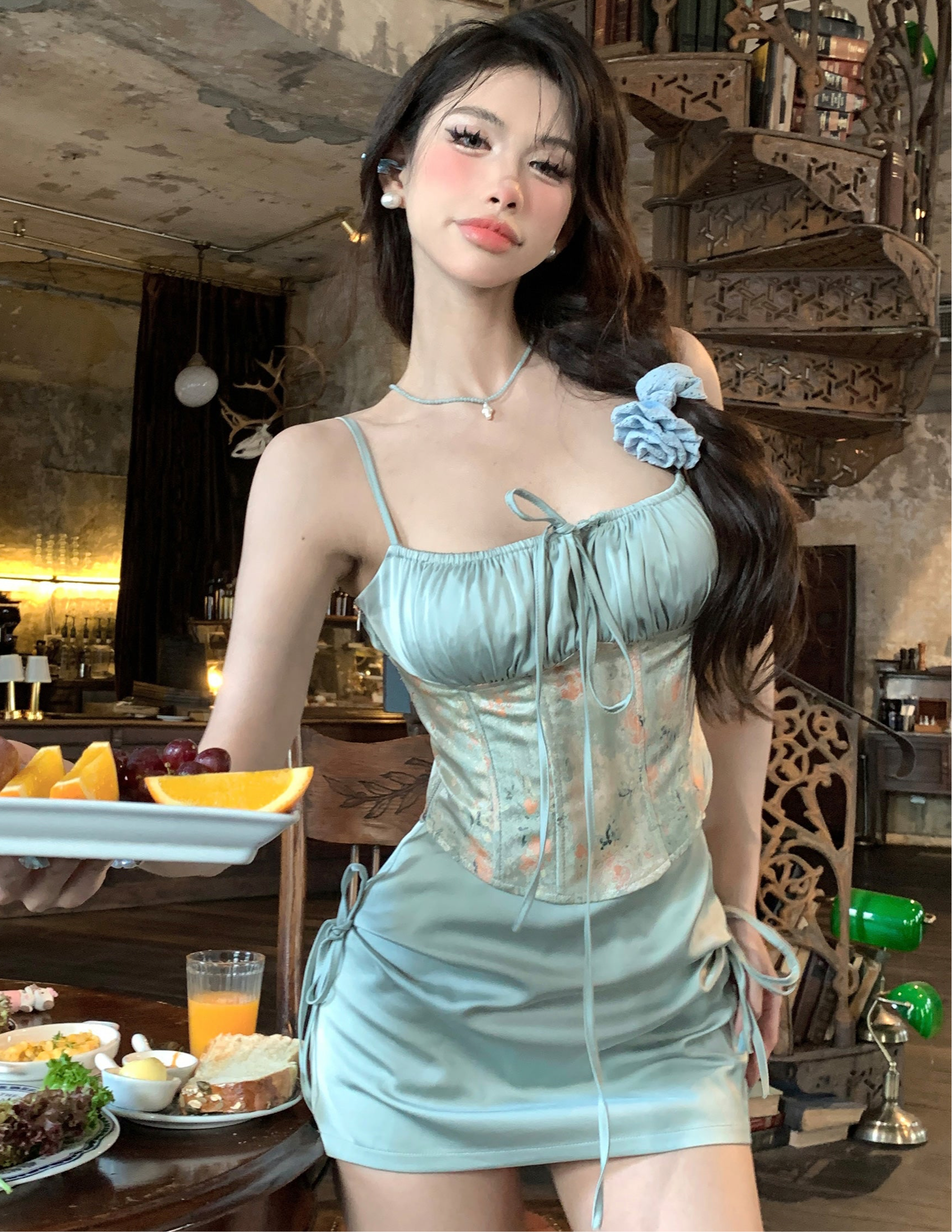 Clarissa Floral Print Satin Mint Green Spaghetti Strap Corset Top + Sl Al Grand Boutique Clarissa Floral Print Satin Mint Green Spaghetti Strap Corset Top + Sl Al Grand Boutique