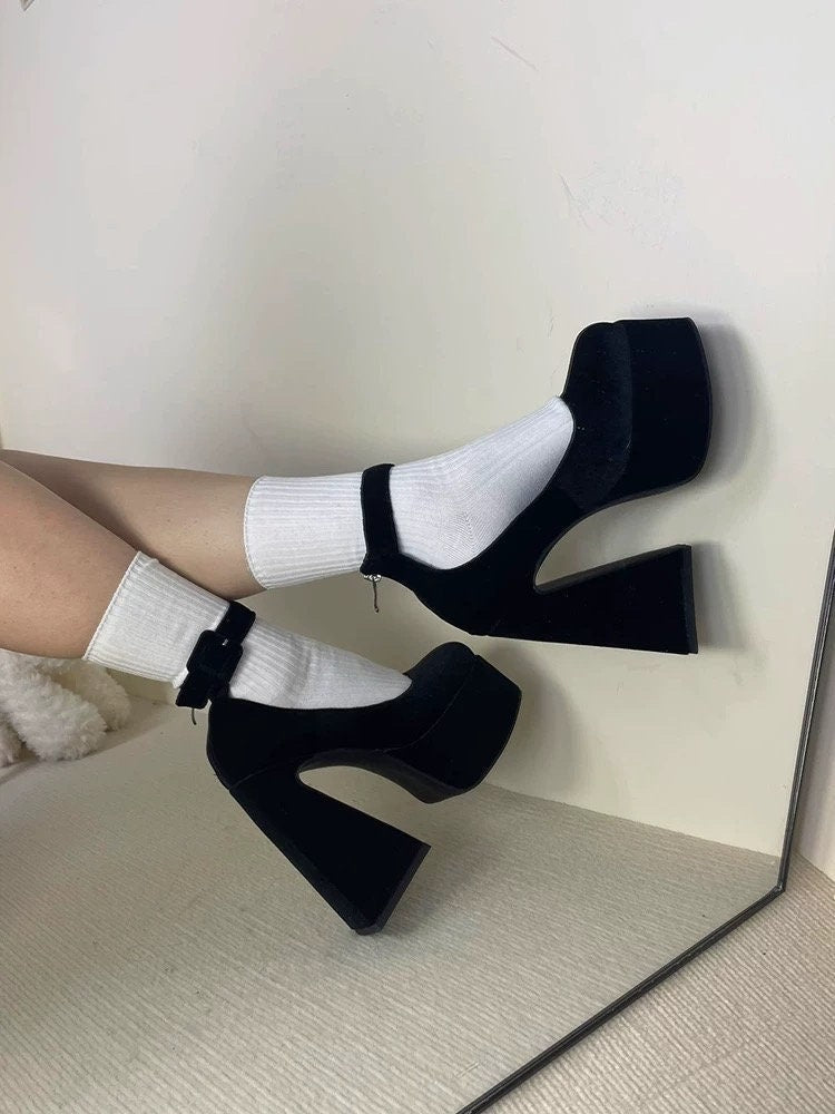 Solid Mary Jane High Heels, Ankle Strap Buckle Chunky High Heels, Platform Heels for Women, Square Toe High Heels, Cute Kawaii Velvet Shoes