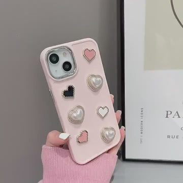 Cute Kawaii Simple Solid Pink Decoden Studded Hearts Pearls Design Protective Shockproof iPhone Case for iPhone 11 12 13 14 15 Pro Max Case