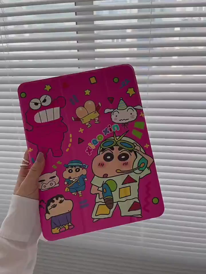 Pink Electroplated Silver Foldable Crayon Shin chan Design Cover Shockproof Case for iPad 2017 2018 2019 2020 2021 2022 Pro Air 1 2 3 4 5