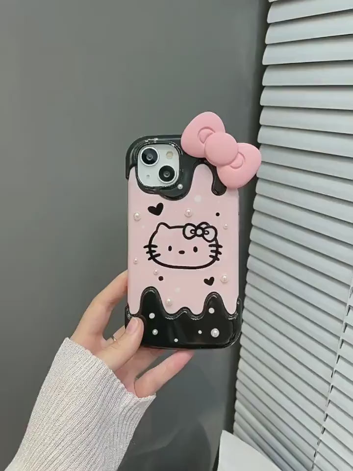 Cute Kawaii Hello Kitty Cartoon Studded White Pearls Pink Bow Design Protective Shockproof iPhone Case for iPhone 11 12 13 14 Pro Max Case