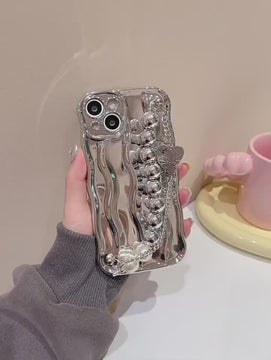 Cute Electroplated Silver Wave Design with Silver & White Pearl Strap Protective Shockproof iPhone Case for iPhone 11 12 13 14 Pro Max Case