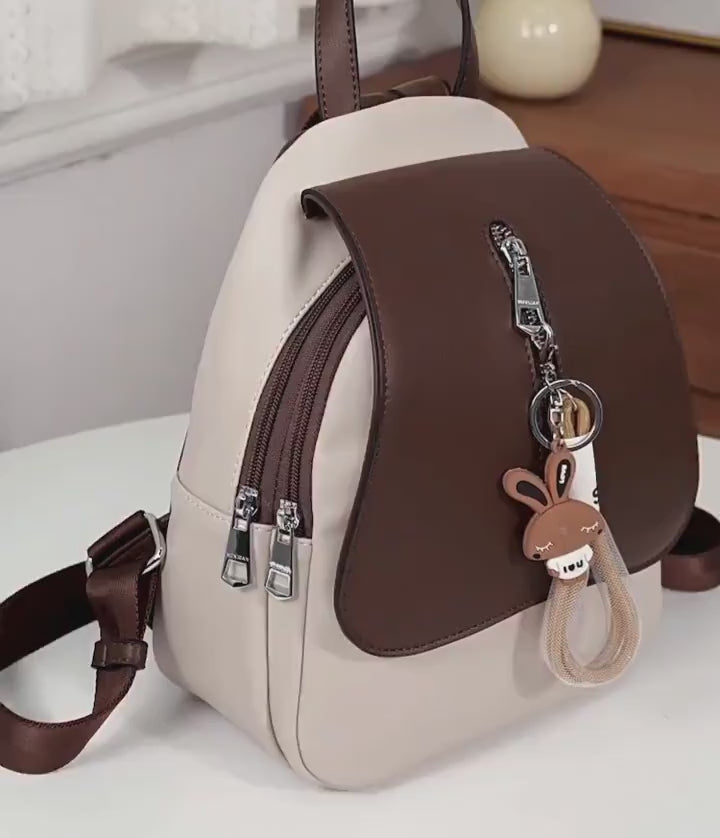 Cute Contrast Color Simple Slick Minimalist Luxury PU Leather Multi-Zipper Adjustable Straps Magnetic Buckle Closure Backpack for Women