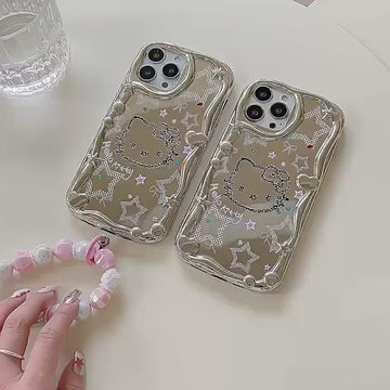 Cute Electroplated Silver HELLO KITTY Design with Beaded Pearl Hand Strap Protective Shockproof iPhone Case for iPhone 11 12 13 14 Pro Max