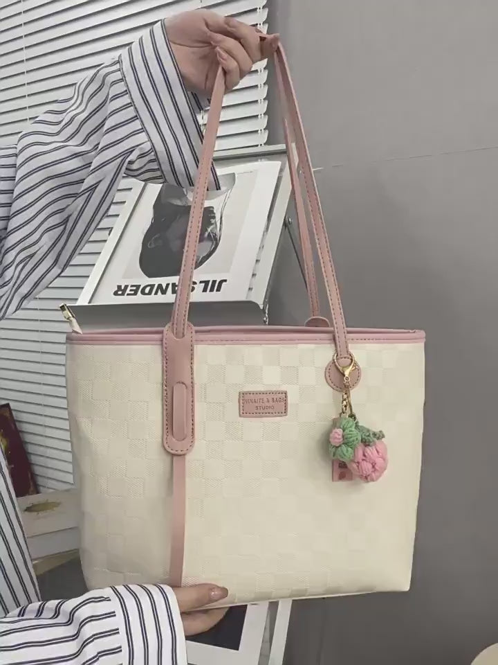 Cute Checkerboard Shoulder Bag, Large Capacity Handbag, Oversized Handbags for Women, Vegan Leather Tote Bag, Top Handle Handbag