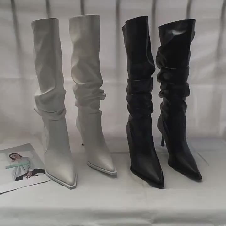 Stylish Leather Knee-High Boots for Women,  Spring Fall Winter Black Slouch Heel Boots, Pointed Toe Slouchy Leather Stiletto Heel Boots