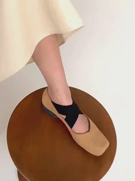Cute Genuine Leather Ballet Flats, Square Toe Heeled Shoes, Mary Jane Square Head Flats, Ballerina Flats, Retro Front Strap Shoes for Women