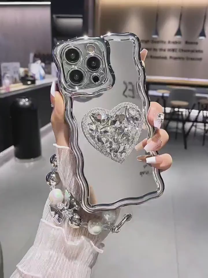 Cute Bling Electroplated + Rhinestone Gem Heart Stand + Chain Strap Protective Shockproof Phone Case iPhone X XS XR 11 12 13 14 Pro Max