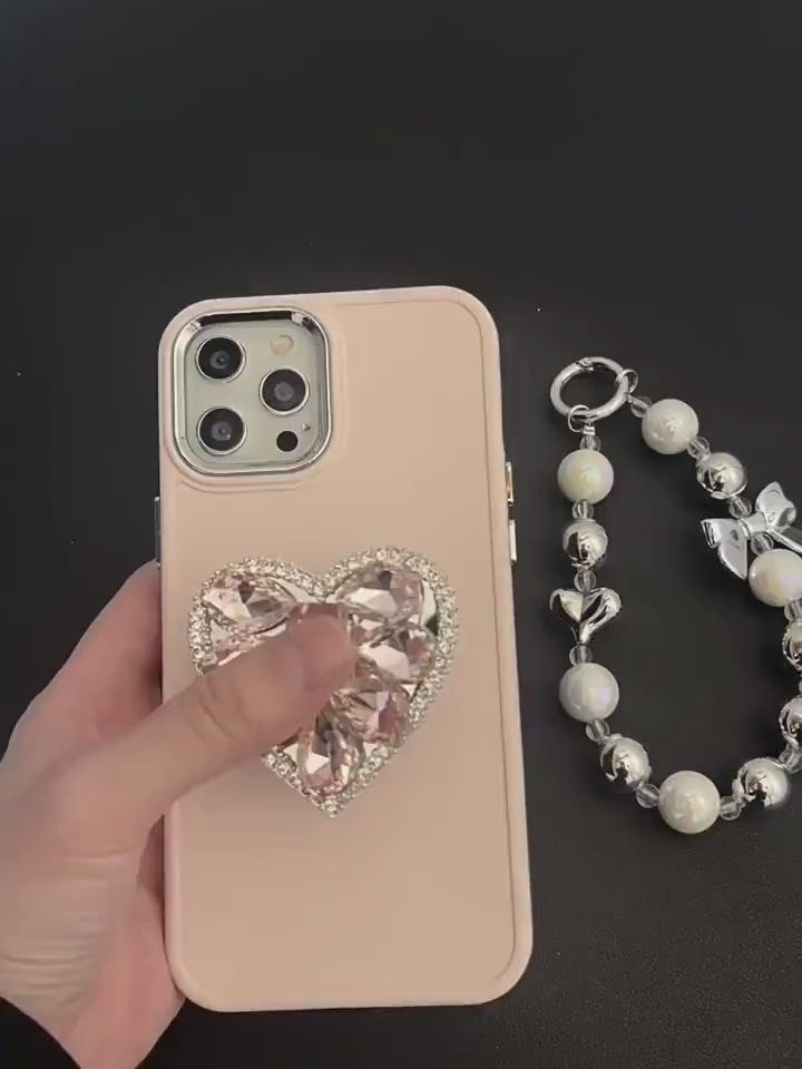 Cute Bling Solid Phone Case with Built in Rhinestone Gem Heart Stand + Pearl Strap Protective Shockproof iPhone X XS XR 11 12 13 14 Pro Max