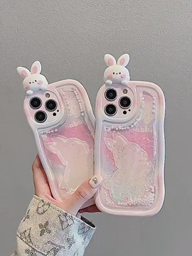 Cute Kawaii Pink & White Bunny Liquid Glitter Design Protective Thick Bulky Shockproof iPhone Case for iPhone 11 12 13 14 15 Pro Max Case