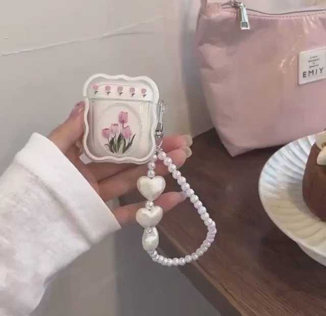 Cute Wavy Clear Oval Flower Painting Protective Shockproof Cover AirPods Case + White Heart Pearl Strap for AirPods 1 2 3 Pro 2 Generation