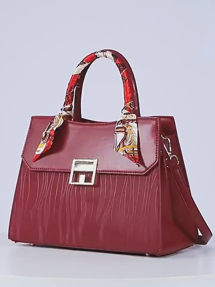 Cute Red Minimalist Geometric Pattern Swirl Design Alligator Skin Luxury Genuine Leather Handbag for Women + Silk Scarf Decor, Shoulder Bag