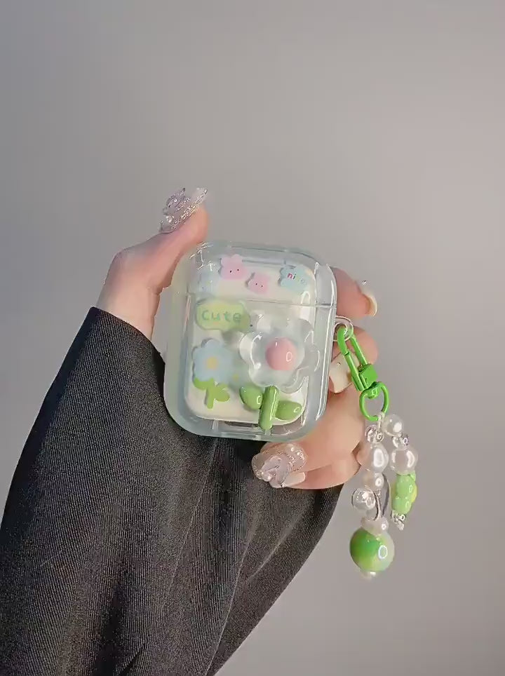 Cute Jelly Flower Decor Clear Protective Cover AirPods Case + Beaded Chain Strap for AirPods 1 2 3 Pro 2 Generation Shockproof AirPods Case