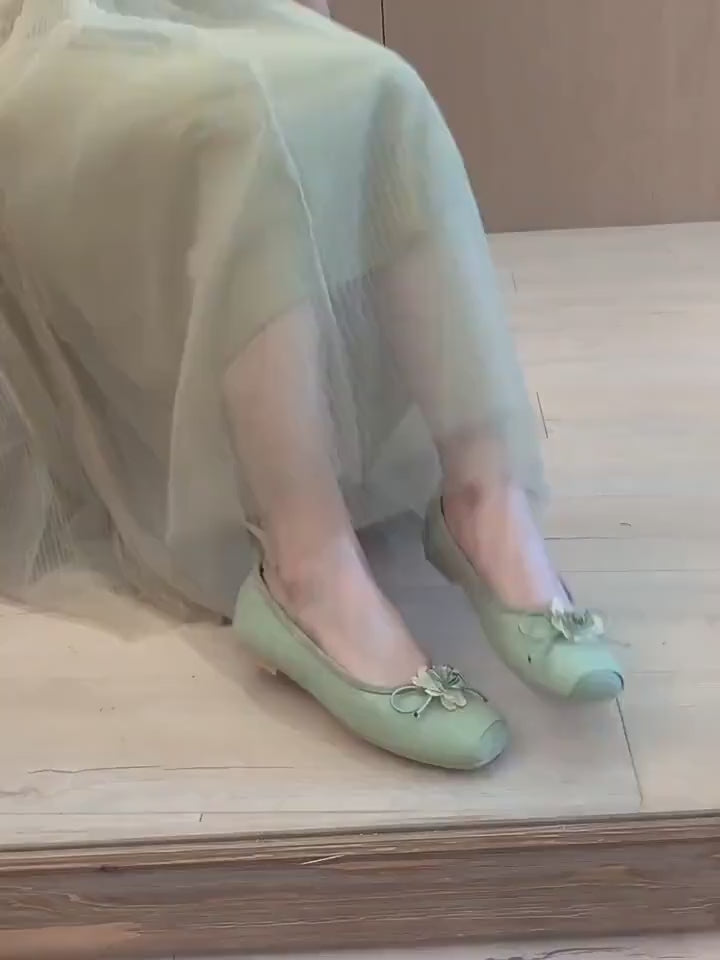 Women Retro Mary Jane Shoes, Vintage Flats Flower Bow Decor Shoes, Women Plain Toe Flats, Square Toe Green Pink Blue Heels