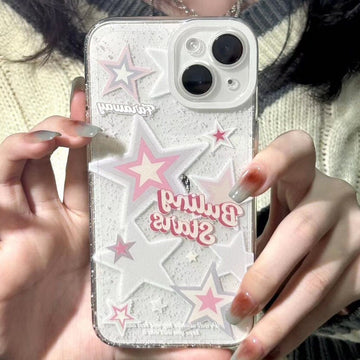 Cute Clear White and Pink Stars with Bubble Letters Artbook Design Protective Shockproof iPhone Case for iPhone 11 12 13 14 Pro Max Case