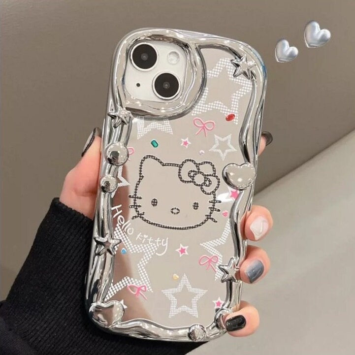 Cute Electroplated Silver HELLO KITTY Design with Beaded Pearl Hand Strap Protective Shockproof iPhone Case for iPhone 11 12 13 14 Pro Max
