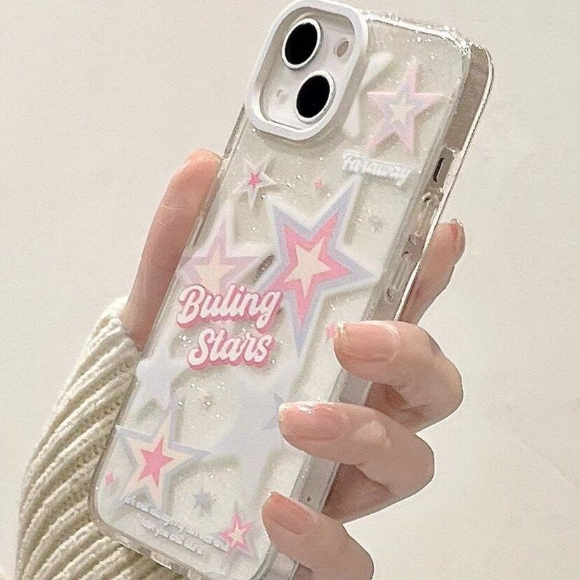 Cute Clear White and Pink Stars with Bubble Letters Artbook Design Protective Shockproof iPhone Case for iPhone 11 12 13 14 Pro Max Case