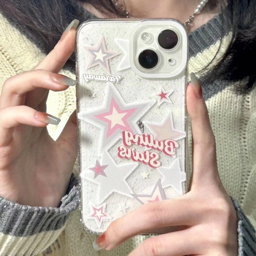 Cute Clear White and Pink Stars with Bubble Letters Artbook Design Protective Shockproof iPhone Case for iPhone 11 12 13 14 Pro Max Case